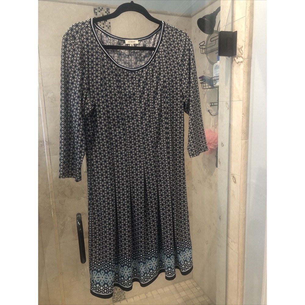 Max Studio Blue White Batik Printed Jersey A-Line Dress XL 3/4 Sleeve 7910W52